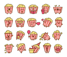 Cute kawaii popcorn character. Cartoon funny striped bucket of crunchy food. Hand drawn style. Vector drawing. Collection of design elements.