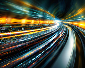 Nighttime Rush in the Urban Landscape, Fast Motion and Blurred Lights, City Highway in Blue
