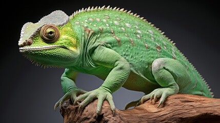 Fototapeta premium Green chameleon close up on a green background UHD Wallpaper