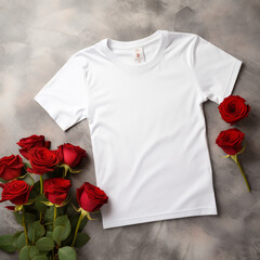 white plain tshirt Printify flat lay mockup on black marble, bouquet of red roses on bottom of marble сreated with Generative Ai