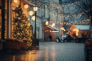 A festive street adorned with a beautiful Christmas tree in the middle. Perfect for holiday-themed designs and decorations