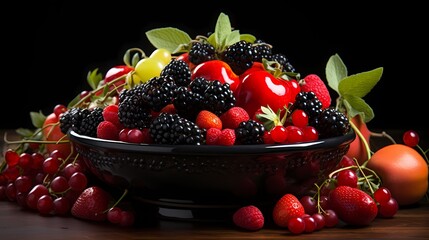 A close-up of a ceramic bowl filled with ripe fruits, showcasing both smooth and textured surfaces
