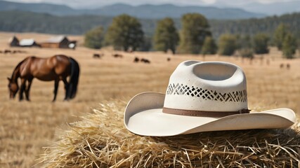 cowboy hat on a stack of straw against the backdrop of a field where horses graze