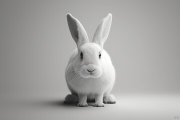 An adorable white rabbit sits alert on a grey backdrop, radiating innocence and curiosity in a minimalistic setting.


