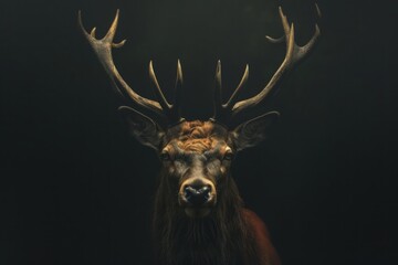 A regal stag with impressive antlers stands enshrouded in darkness, its piercing eyes reflecting an untamed spirit.

