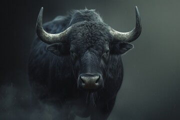 A formidable black bull stares forward with raw power and untamed strength, encapsulated in misty ambiance.

 - obrazy, fototapety, plakaty
