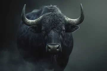 Afwasbaar fotobehang A formidable black bull stares forward with raw power and untamed strength, encapsulated in misty ambiance.   © Jerrish