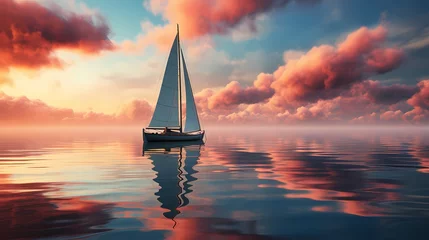 Tuinposter A lone sailboat on a tranquil lake, sails furled, waiting for the next aquatic adventure © Nature Lover