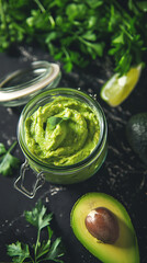 a closeup jar of guacamole
