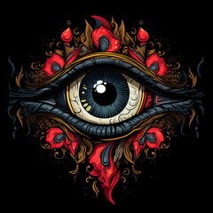 eye in a cartoon heart on a black background сreated with Generative Ai