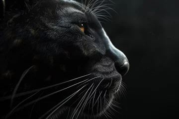 Tuinposter A majestic black panther profile against a dark backdrop, its gaze piercing through the shadows with wild grace.   © Jerrish