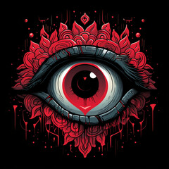 eye in a cartoon heart on a black background сreated with Generative Ai