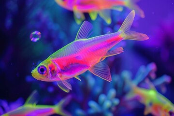 Vibrant neon-colored tropical fish swimming gracefully in a blue-hued aquarium environment, showcasing nature's underwater beauty. - obrazy, fototapety, plakaty