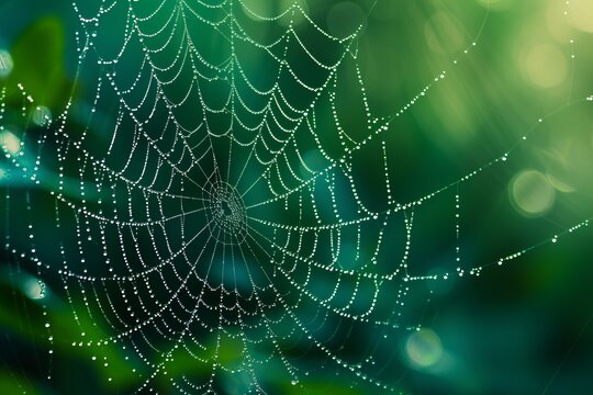 Dew-kissed spider web gleaming with morning light, a delicate balance of strength and fragility in the natural world.