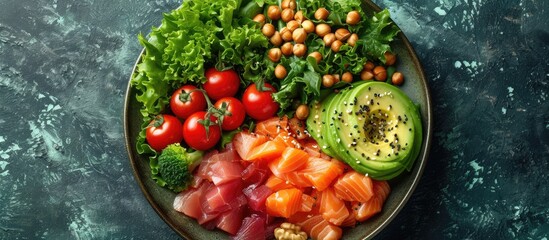 Vibrant and nourishing, a colorful bowl filled with locally sourced produce, nutrient-packed superfoods, and protein-rich legumes and fish is the perfect embodiment of a balanced and wholesome vegan 