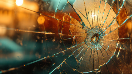 Cracked window after a bullet shot.