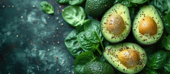 Nutrient-rich avocado, a versatile and beloved staple food in vegetarian and vegan nutrition, is highlighted in this vibrant photo showcasing its natural green hue and iconic seed nestled in the cent - obrazy, fototapety, plakaty
