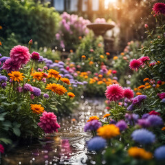 Obraz premium Nahaufnahme eines schönen Gartens voller bunter Blumen und Blüten an einem sonnigen Tag im Frühling oder Sommer nach einem Regen mit strahlendem Sonnenschein, Gärtnern, Park, gestalten