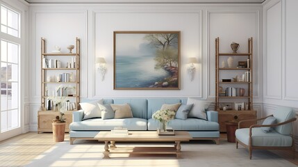 An elegant space filled with natural light, featuring a sky blue sofa accented by rich wooden furniture and a gallery wall of serene landscape paintings.