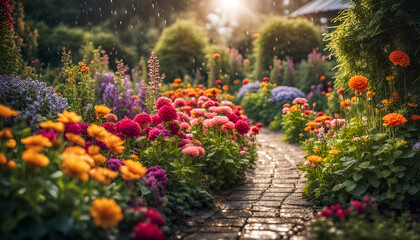 Nahaufnahme eines schönen Gartens voller bunter Blumen und Blüten an einem sonnigen Tag im Frühling oder Sommer nach einem Regen mit strahlendem Sonnenschein, Gärtnern, Park, gestalten - obrazy, fototapety, plakaty
