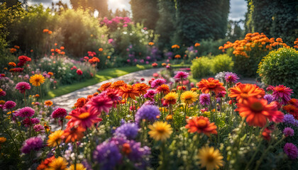 Fototapeta na wymiar Nahaufnahme eines schönen Gartens voller bunter Blumen und Blüten an einem sonnigen Tag im Frühling oder Sommer nach einem Regen mit strahlendem Sonnenschein, Gärtnern, Park, gestalten