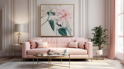 A harmonious blend of colors in a living room featuring a pastel pink sofa accented with gold-toned accessories and a marble-top coffee table.
