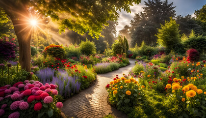 Nahaufnahme eines schönen Gartens voller bunter Blumen und Blüten an einem sonnigen Tag im Frühling oder Sommer nach einem Regen mit strahlendem Sonnenschein, Gärtnern, Park, gestalten