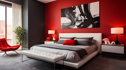 A modern bedroom showcasing a bold red accent wall behind a sleek bed, accompanied by understated furnishings for a balanced aesthetic.