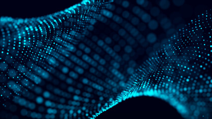 Abstract blue background with moving glowing particles. Big data. 3D rendering.