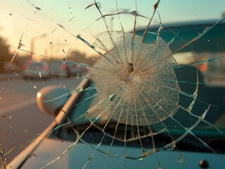 A dramatic image capturing the aftermath of a car accident, focusing on the shattered and broken glass windshield, illustrating the impact and intensity of the collision scene