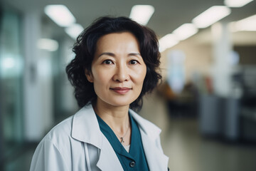 Fototapeta premium Mature asian women doctor smiling. Asian women doctor. World of Medicine. Personal care profession. Medical studies. China. Japan. AI.