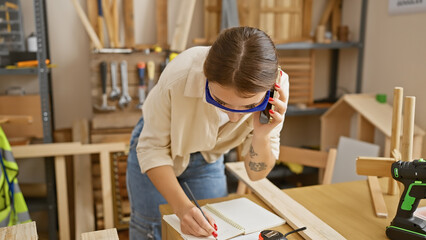 A young brunette woman talks on the phone while taking notes in an indoor carpentry workshop.