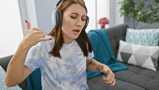 A young woman enjoying music with headphones while singing at home on a sofa, showcasing leisure and entertainment.