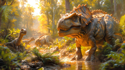 Jurassic Giant Roaming Through Misty Woods