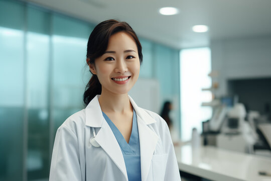 Asian women doctor smiling. World of Medicine. Personal care profession. Medical studies. China. Japan. AI.