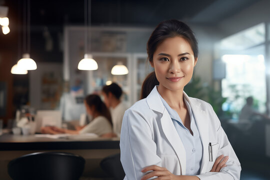 Asian women doctor smiling. World of Medicine. Personal care profession. Medical studies. China. Japan. AI.