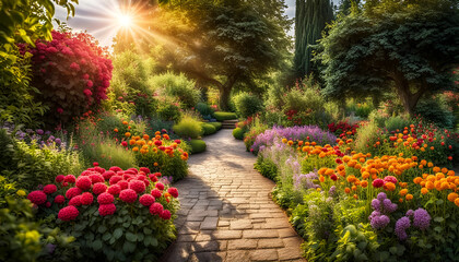 Nahaufnahme eines schönen Gartens voller bunter Blumen und Blüten an einem sonnigen Tag im...