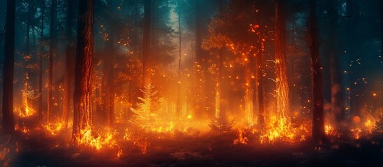 Enchanting Nighttime Forest Fire Ignites the Mystical Beauty of the Forest, Fire, and Night