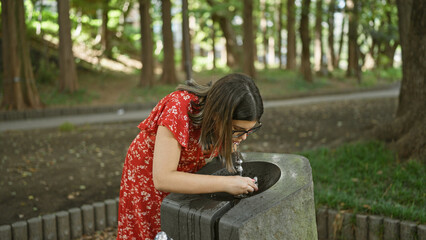 Gorgeous hispanic woman quenching thirst with refreshing drink from park fountain, her glasses...