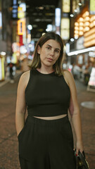 Beautiful hispanic woman's serious expression captured in cityscape portrait, standing strong on tokyo's urban streets under illuminating night lights