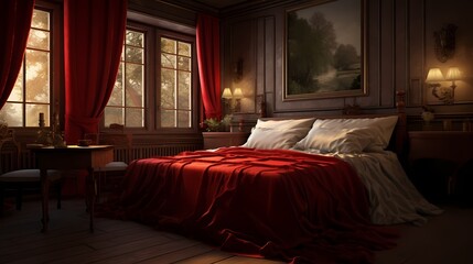 A tranquil bedroom design with a rich red bedspread against a backdrop of muted tones, fostering a serene and restful environment.
