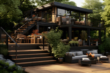 modern outdoor patio with a tiered deck 