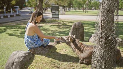 Cheerful, beautiful hispanic woman joyfully feeding cute deer with snack crackers at the popular nara park in japan, delighting in the unique culture and wildlife attraction outdoors!