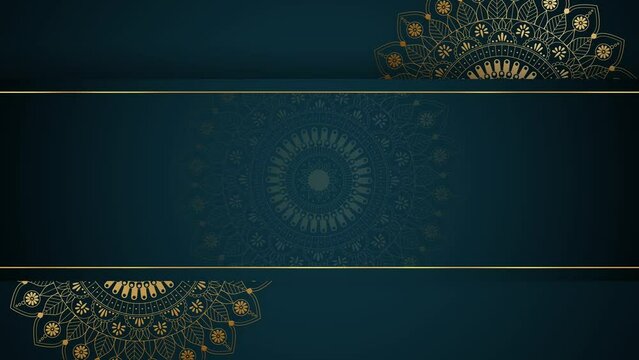 Luxury Gold Background with Mandala Rotating on Both Sides. Elegant Blue Royal Background for Yoga, Wedding, and Ramadan.	