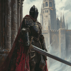 Crusader knight with a sword against the backdrop of an ancient castle. Medieval knight in heavy armor. AI generated