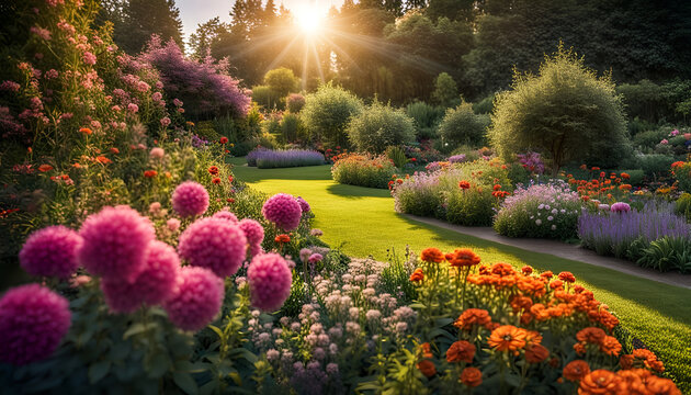 Nahaufnahme eines sch&ouml;nen Gartens voller bunter Blumen und Bl&uuml;ten an einem sonnigen Tag im Fr&uuml;hling oder Sommer nach einem Regen mit strahlendem Sonnenschein, G&auml;rtnern, Park, gestalten