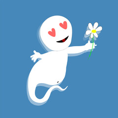 a ghost on a blue background with heart-shaped eyes and a flower in his hand