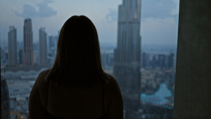 Silhouetted woman observing a blurred cityscape from an observatory high above the urban skyline - obrazy, fototapety, plakaty