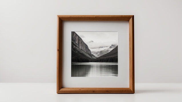 Frame with black and white photo of landscape on grey background.