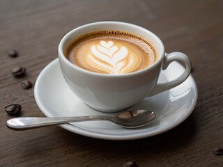 Fototapeta premium A coffee cup on a saucer with a teaspoon, capturing a break moment.